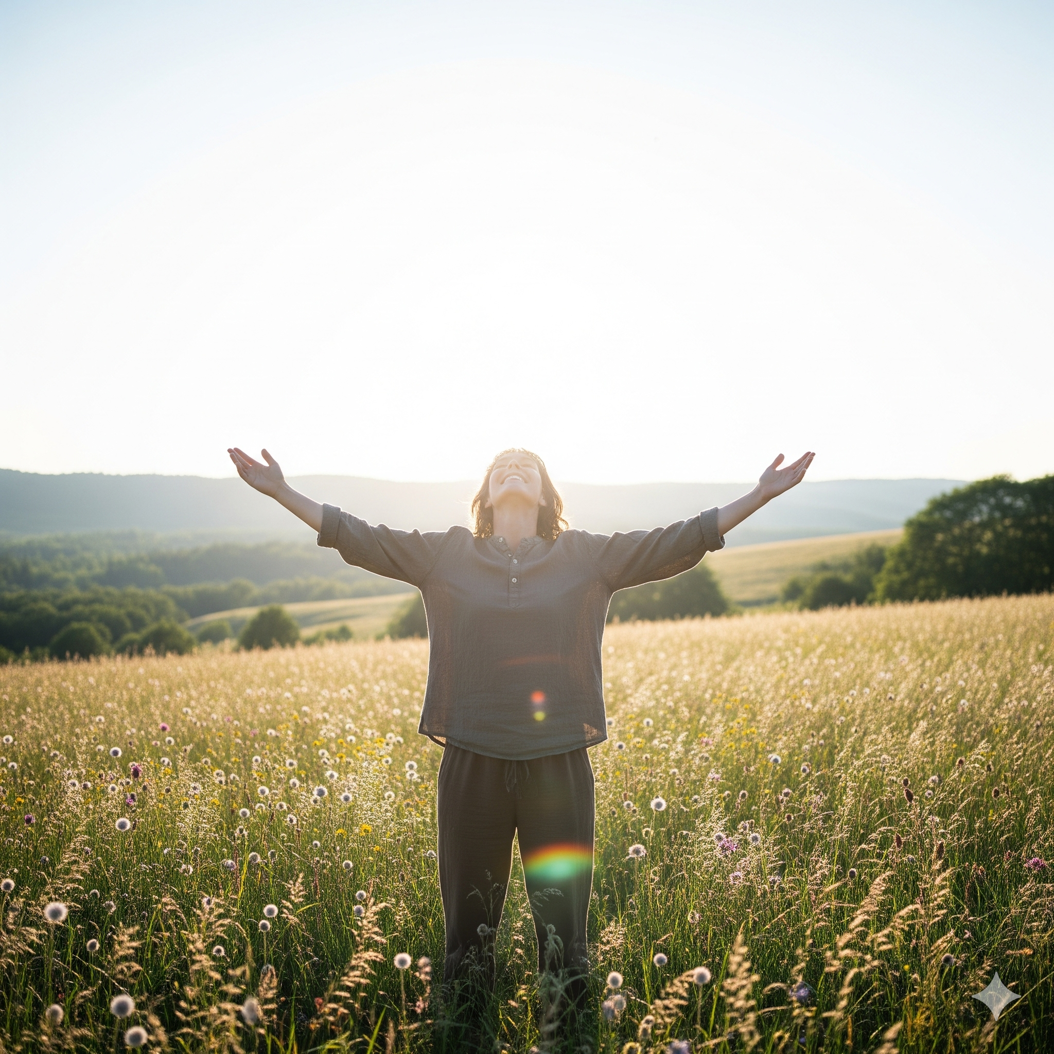 A person stands in a wide-open, sunlit field with their arms outstretched, a symbol of complete freedom and control. The background is a vast, natural landscape with no clear horizon line.